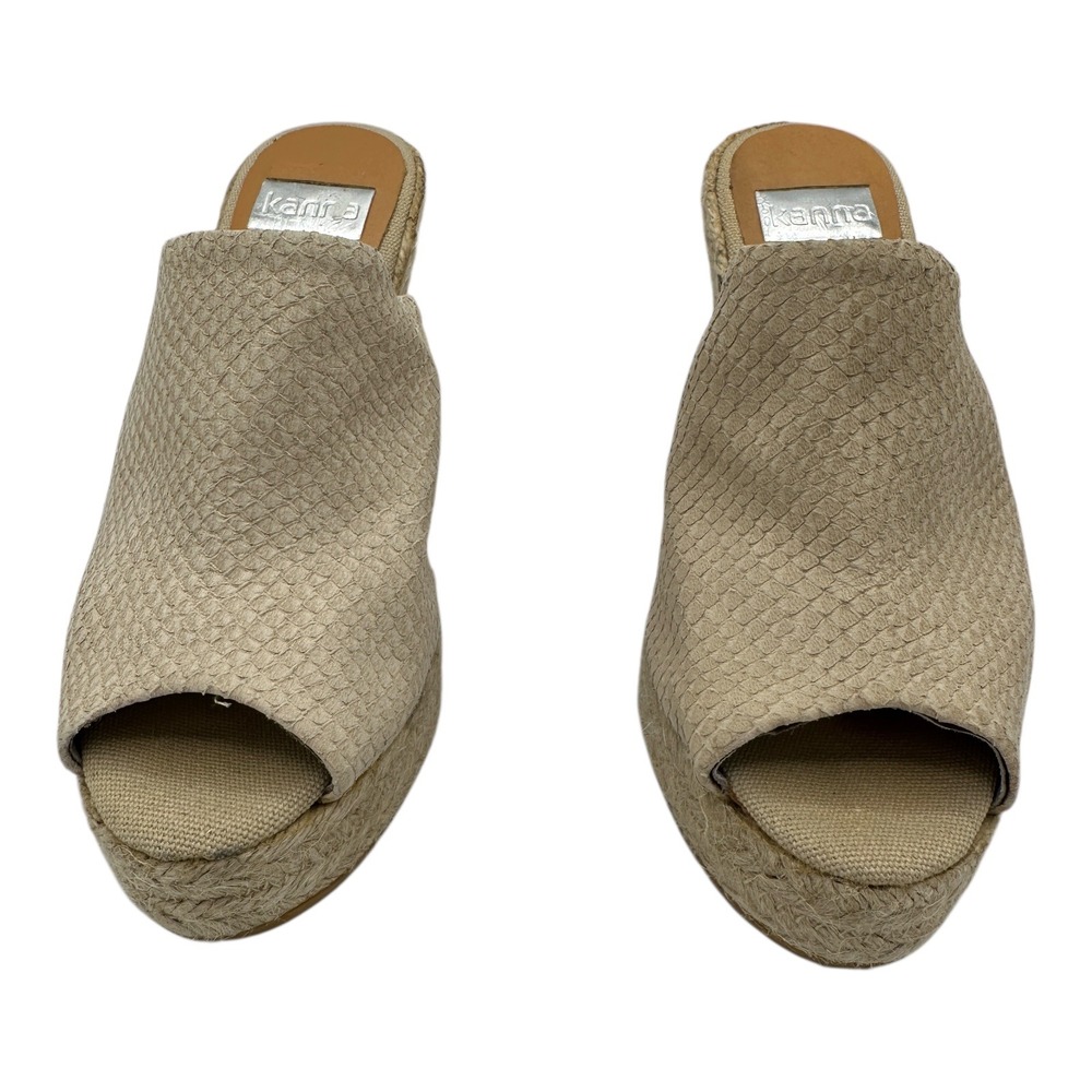 Kanna Espadrille Wedge Mules Beige Textured Leather Peep Toe Slip On Women 35